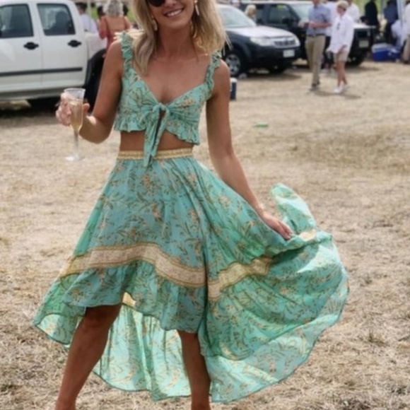 Boho Mint Green Floral Print Ruffle Crop Top Maxi Skirt Set - Picture 3 of 12